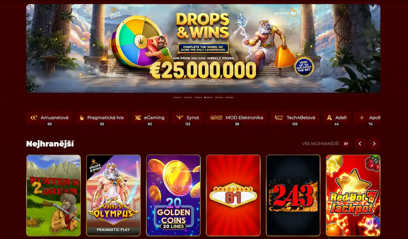 Eurogold Casino — herní lobby s přehledným filtrem automatů a živého kasina